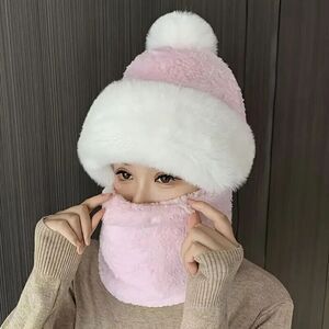 New One Piece Women's Plush Pink & White Winter Beanie Hat.